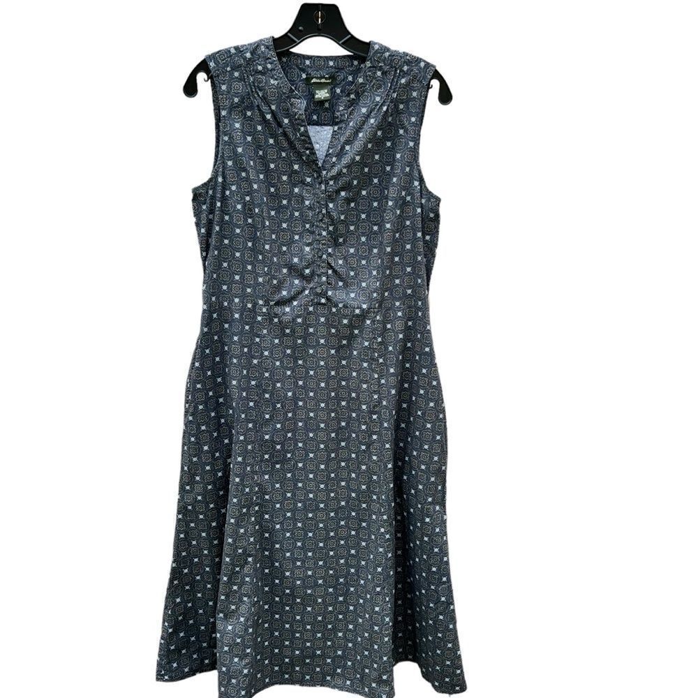 Vintage Eddie Bauer Midi Blue Print Cotton Sleeveless Dress size 8